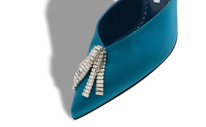 Women Dress Shoes Manolo Blahnik BAMBIMU Blue Satin Crystal Tassel Pointed Toe Mules Women Dress Shoes Manolo Blahnik BAMBIMU Blue Satin Crystal Tassel Pointed Toe Mules