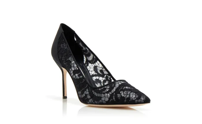 Women Dress Shoes Manolo Blahnik BBLA 90 Black Lace Pointed Toe Pumps