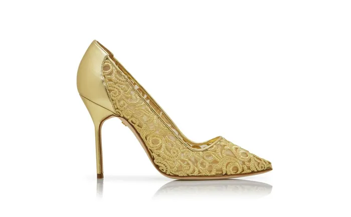 Women Dress Shoes Manolo Blahnik BBLA Gold Lace Macram Pointed Toe Pumps Women Dress Shoes Manolo Blahnik BBLA Gold Lace Macram Pointed Toe Pumps