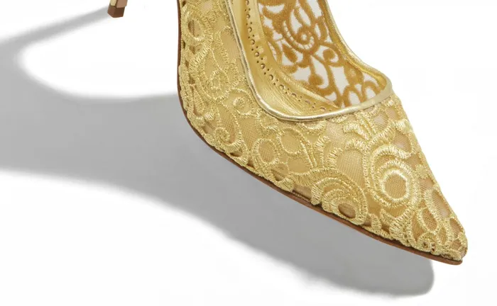 Women Dress Shoes Manolo Blahnik BBLA Gold Lace Macram Pointed Toe Pumps Women Dress Shoes Manolo Blahnik BBLA Gold Lace Macram Pointed Toe Pumps
