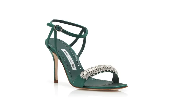 Women Dress Shoes Manolo Blahnik ELVIRA Green Satin Crystal Embellished Sandals Women Dress Shoes Manolo Blahnik ELVIRA Green Satin Crystal Embellished Sandals