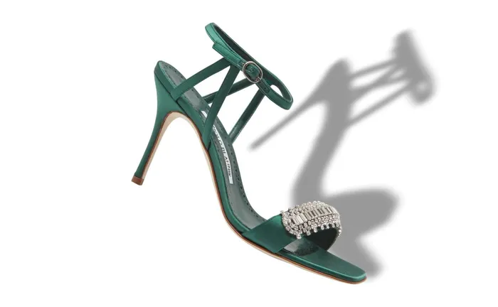 Women Dress Shoes Manolo Blahnik ELVIRA Green Satin Crystal Embellished Sandals Women Dress Shoes Manolo Blahnik ELVIRA Green Satin Crystal Embellished Sandals
