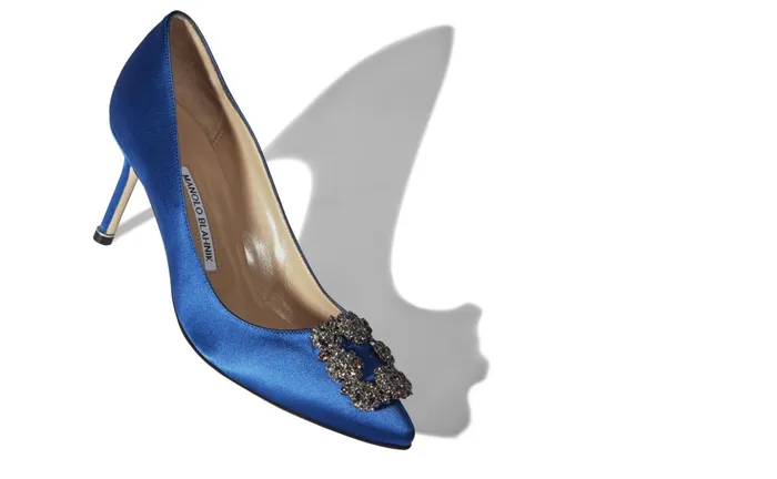 Women Dress Shoes Manolo Blahnik HANGISI 70 Blue Satin Jewel Buckle Pumps Women Dress Shoes Manolo Blahnik HANGISI 70 Blue Satin Jewel Buckle Pumps