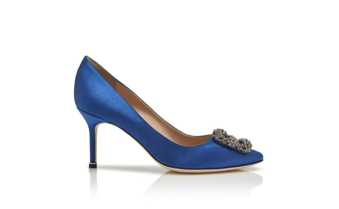 Women Dress Shoes Manolo Blahnik HANGISI 70 Blue Satin Jewel Buckle Pumps Women Dress Shoes Manolo Blahnik HANGISI 70 Blue Satin Jewel Buckle Pumps