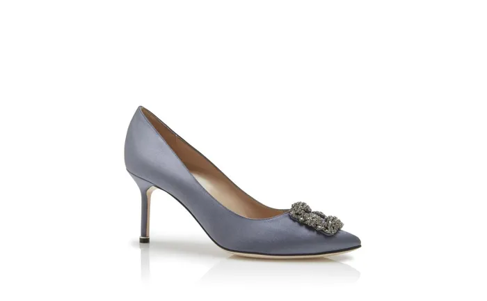 Women Dress Shoes Manolo Blahnik HANGISI 70 Grey Satin Jewel Buckle Pumps