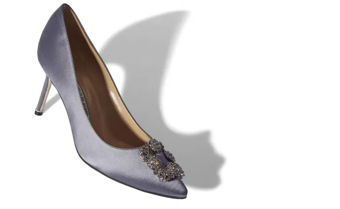 Women Dress Shoes Manolo Blahnik HANGISI 70 Grey Satin Jewel Buckle Pumps Women Dress Shoes Manolo Blahnik HANGISI 70 Grey Satin Jewel Buckle Pumps
