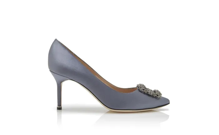 Women Dress Shoes Manolo Blahnik HANGISI 70 Grey Satin Jewel Buckle Pumps Women Dress Shoes Manolo Blahnik HANGISI 70 Grey Satin Jewel Buckle Pumps