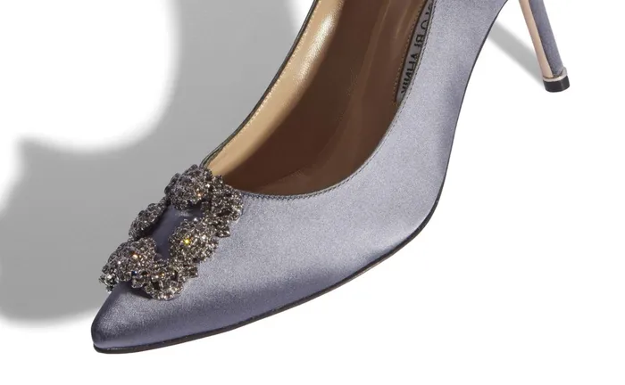 Women Dress Shoes Manolo Blahnik HANGISI 70 Grey Satin Jewel Buckle Pumps Women Dress Shoes Manolo Blahnik HANGISI 70 Grey Satin Jewel Buckle Pumps