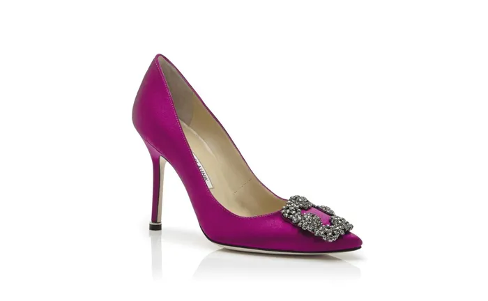Women Dress Shoes Manolo Blahnik HANGISI Dark Fuchsia Satin Jewel Buckle Pumps Women Dress Shoes Manolo Blahnik HANGISI Dark Fuchsia Satin Jewel Buckle Pumps