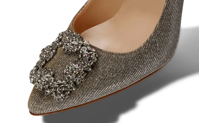 Women Dress Shoes Manolo Blahnik HANGISI GLITTER Dark Gold Glitter Jewel Buckle Pumps Women Dress Shoes Manolo Blahnik HANGISI GLITTER Dark Gold Glitter Jewel Buckle Pumps