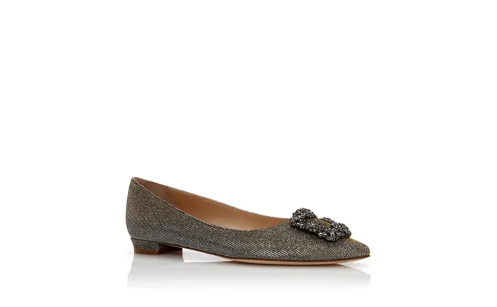 Women Dress Shoes Manolo Blahnik HANGISIFLAT GLITTER Gold Glitter Fabric Jewel Buckle Flat Shoes