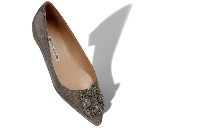 Women Dress Shoes Manolo Blahnik HANGISIFLAT GLITTER Gold Glitter Fabric Jewel Buckle Flat Shoes Women Dress Shoes Manolo Blahnik HANGISIFLAT GLITTER Gold Glitter Fabric Jewel Buckle Flat Shoes