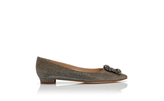Women Dress Shoes Manolo Blahnik HANGISIFLAT GLITTER Gold Glitter Fabric Jewel Buckle Flat Shoes Women Dress Shoes Manolo Blahnik HANGISIFLAT GLITTER Gold Glitter Fabric Jewel Buckle Flat Shoes