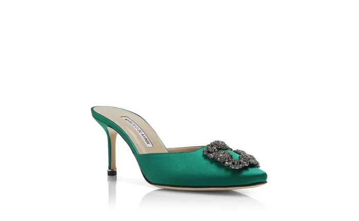 Women Dress Shoes Manolo Blahnik HANGISIMU Green Satin Jewel Buckle Mules