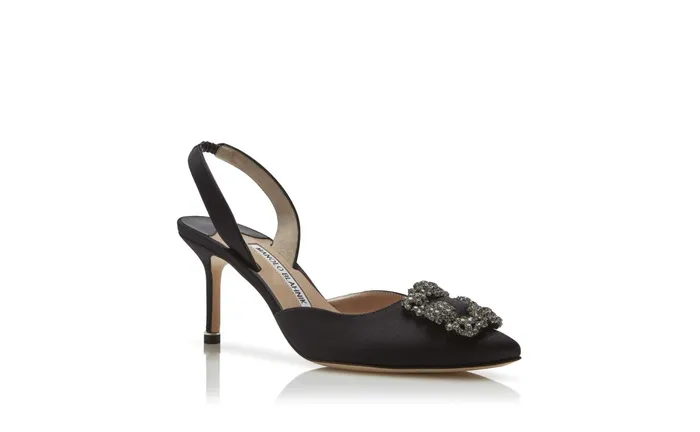 Women Dress Shoes Manolo Blahnik HANGISLI Black Satin Jewel Buckle Slingback Pumps