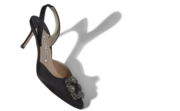 Women Dress Shoes Manolo Blahnik HANGISLI Black Satin Jewel Buckle Slingback Pumps Women Dress Shoes Manolo Blahnik HANGISLI Black Satin Jewel Buckle Slingback Pumps