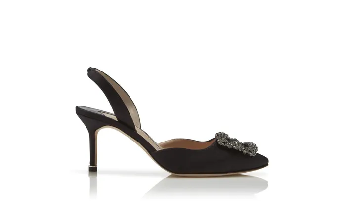 Women Dress Shoes Manolo Blahnik HANGISLI Black Satin Jewel Buckle Slingback Pumps Women Dress Shoes Manolo Blahnik HANGISLI Black Satin Jewel Buckle Slingback Pumps