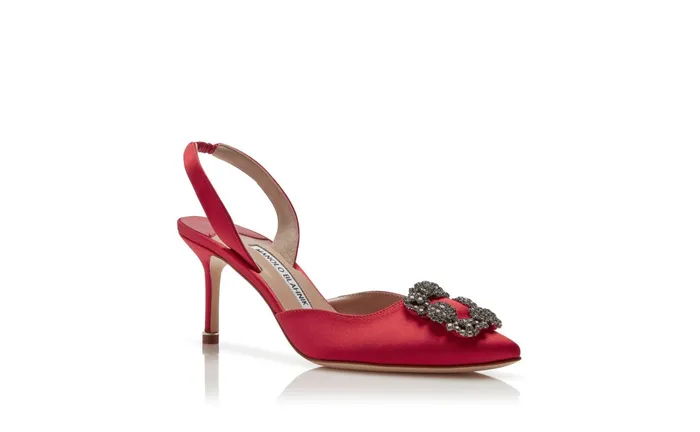 Women Dress Shoes Manolo Blahnik HANGISLI Red Satin Jewel Buckle Slingback Pumps Women Dress Shoes Manolo Blahnik HANGISLI Red Satin Jewel Buckle Slingback Pumps