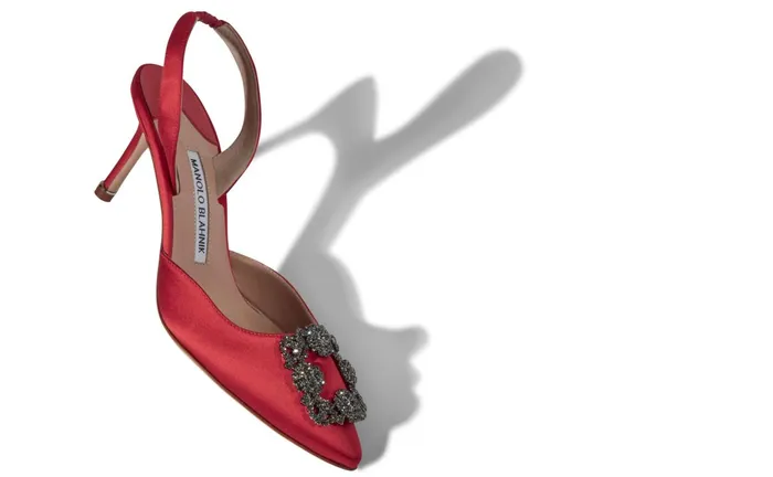 Women Dress Shoes Manolo Blahnik HANGISLI Red Satin Jewel Buckle Slingback Pumps Women Dress Shoes Manolo Blahnik HANGISLI Red Satin Jewel Buckle Slingback Pumps