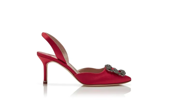 Women Dress Shoes Manolo Blahnik HANGISLI Red Satin Jewel Buckle Slingback Pumps Women Dress Shoes Manolo Blahnik HANGISLI Red Satin Jewel Buckle Slingback Pumps