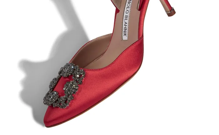 Women Dress Shoes Manolo Blahnik HANGISLI Red Satin Jewel Buckle Slingback Pumps Women Dress Shoes Manolo Blahnik HANGISLI Red Satin Jewel Buckle Slingback Pumps