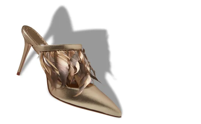 Women Dress Shoes Manolo Blahnik IGINIAGOLD Gold Nappa Leather Feather Detail Mules Women Dress Shoes Manolo Blahnik IGINIAGOLD Gold Nappa Leather Feather Detail Mules