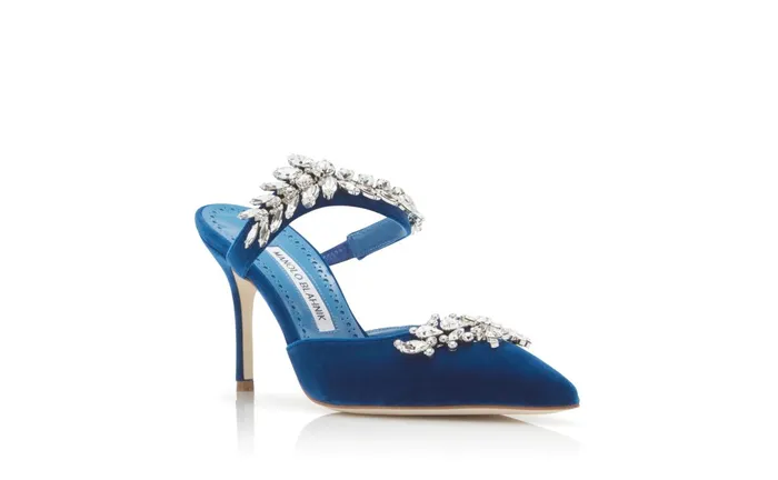 Women Dress Shoes Manolo Blahnik LURUM VELVET Bright Blue Velvet Crystal Embellished Mules Women Dress Shoes Manolo Blahnik LURUM VELVET Bright Blue Velvet Crystal Embellished Mules