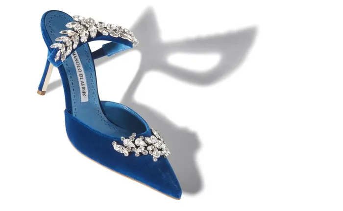 Women Dress Shoes Manolo Blahnik LURUM VELVET Bright Blue Velvet Crystal Embellished Mules Women Dress Shoes Manolo Blahnik LURUM VELVET Bright Blue Velvet Crystal Embellished Mules
