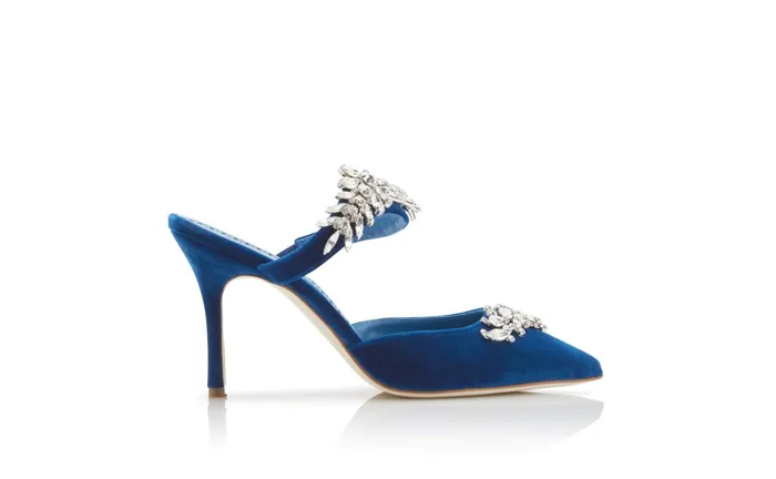 Women Dress Shoes Manolo Blahnik LURUM VELVET Bright Blue Velvet Crystal Embellished Mules Women Dress Shoes Manolo Blahnik LURUM VELVET Bright Blue Velvet Crystal Embellished Mules