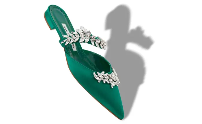 Women Dress Shoes Manolo Blahnik LURUMFLAT Green Satin Crystal Embellished Flat Mules Women Dress Shoes Manolo Blahnik LURUMFLAT Green Satin Crystal Embellished Flat Mules