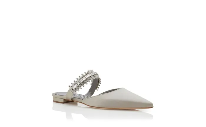 Women Dress Shoes Manolo Blahnik LUTARAFLAT Light Grey Satin Crystal Embellished Flat Mules Women Dress Shoes Manolo Blahnik LUTARAFLAT Light Grey Satin Crystal Embellished Flat Mules