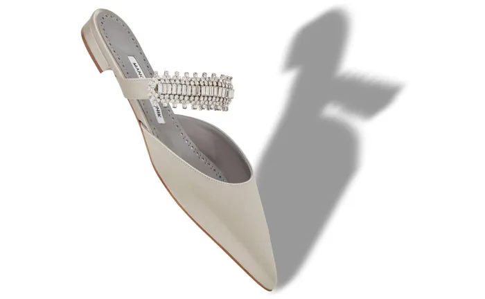Women Dress Shoes Manolo Blahnik LUTARAFLAT Light Grey Satin Crystal Embellished Flat Mules Women Dress Shoes Manolo Blahnik LUTARAFLAT Light Grey Satin Crystal Embellished Flat Mules