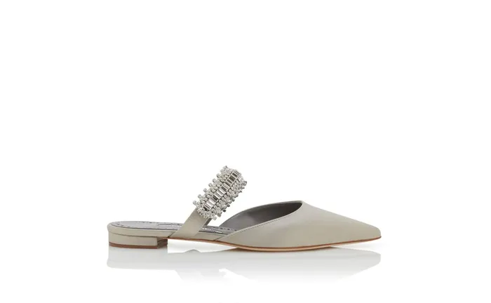 Women Dress Shoes Manolo Blahnik LUTARAFLAT Light Grey Satin Crystal Embellished Flat Mules Women Dress Shoes Manolo Blahnik LUTARAFLAT Light Grey Satin Crystal Embellished Flat Mules