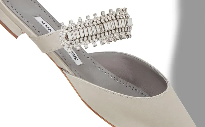 Women Dress Shoes Manolo Blahnik LUTARAFLAT Light Grey Satin Crystal Embellished Flat Mules Women Dress Shoes Manolo Blahnik LUTARAFLAT Light Grey Satin Crystal Embellished Flat Mules