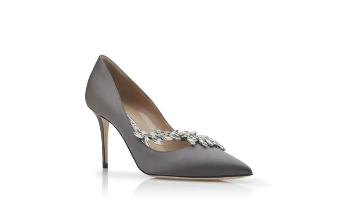 Women Dress Shoes Manolo Blahnik NADIRA Grey Satin Jewel Buckle Pumps