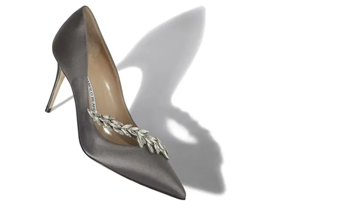 Women Dress Shoes Manolo Blahnik NADIRA Grey Satin Jewel Buckle Pumps Women Dress Shoes Manolo Blahnik NADIRA Grey Satin Jewel Buckle Pumps