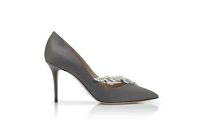 Women Dress Shoes Manolo Blahnik NADIRA Grey Satin Jewel Buckle Pumps Women Dress Shoes Manolo Blahnik NADIRA Grey Satin Jewel Buckle Pumps