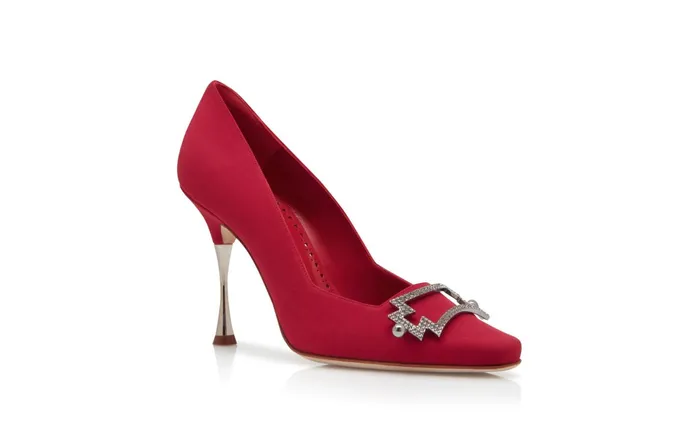 Women Dress Shoes Manolo Blahnik SEPTIA Red Crepe De Chine Embellished Pumps