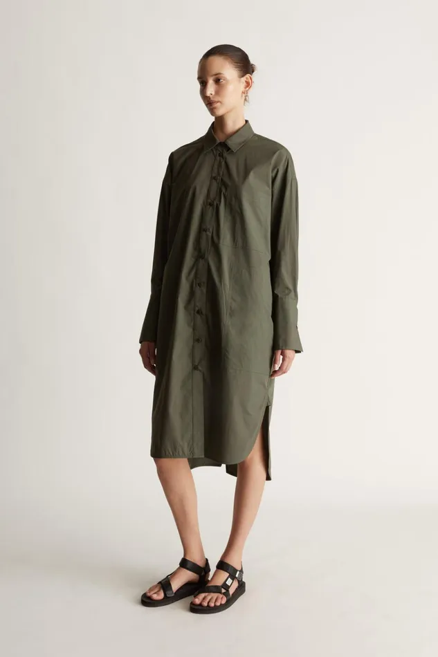 Women Dresses Lee Mathews LM Poplin LS Shirt Dress Olive