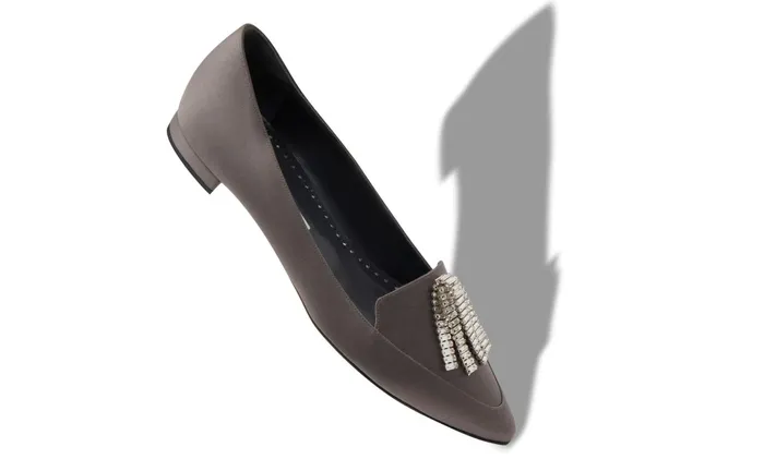 Women Flats Manolo Blahnik BAMBINAFLAT Grey Satin Crystal Tassel Pointed Toe Loafers