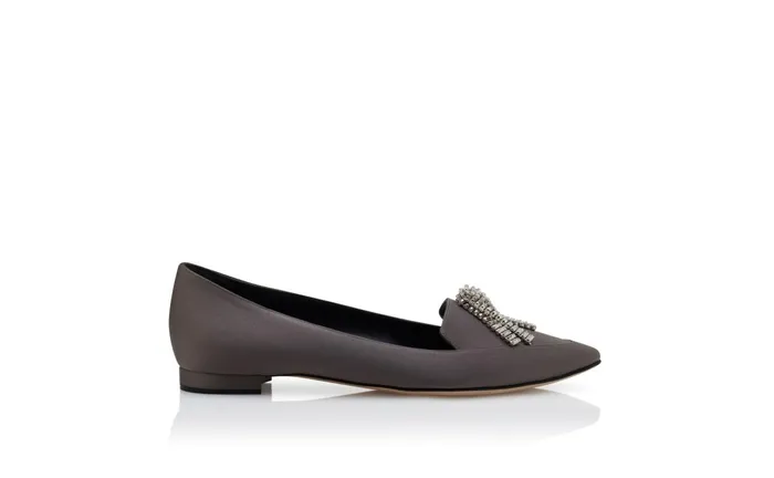 Women Flats Manolo Blahnik BAMBINAFLAT Grey Satin Crystal Tassel Pointed Toe Loafers
