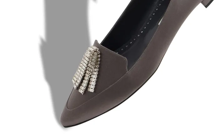Women Flats Manolo Blahnik BAMBINAFLAT Grey Satin Crystal Tassel Pointed Toe Loafers
