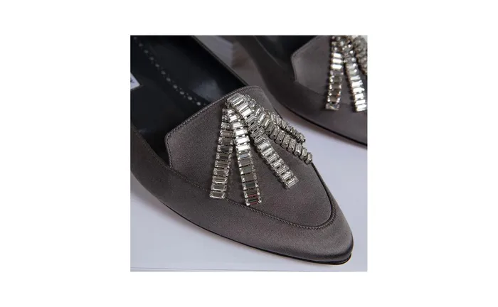 Women Flats Manolo Blahnik BAMBINAFLAT Grey Satin Crystal Tassel Pointed Toe Loafers