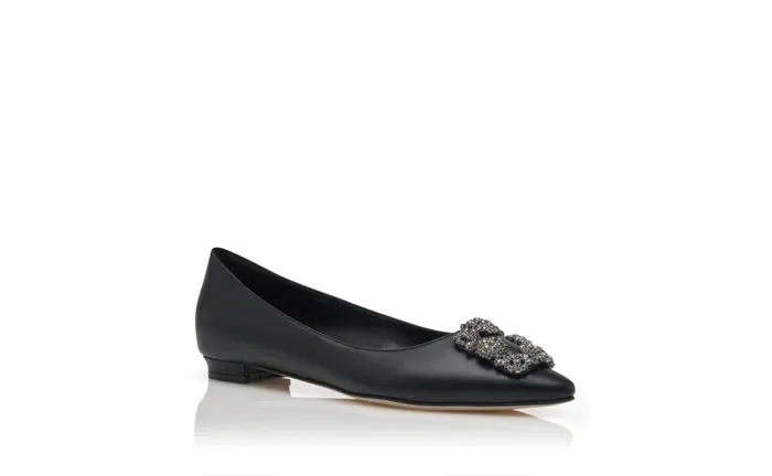 Women Flats Manolo Blahnik HANGISIFLAT Black Calf Leather Jewel Buckle Flat Shoes Women Flats Manolo Blahnik HANGISIFLAT Black Calf Leather Jewel Buckle Flat Shoes