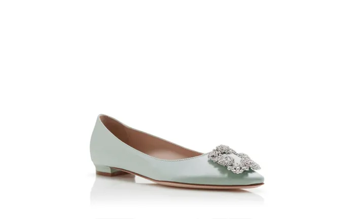 Women Flats Manolo Blahnik HANGISIFLAT Pale Green Satin Jewel Buckle Flat Shoes Women Flats Manolo Blahnik HANGISIFLAT Pale Green Satin Jewel Buckle Flat Shoes