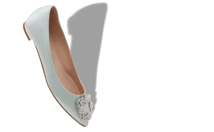 Women Flats Manolo Blahnik HANGISIFLAT Pale Green Satin Jewel Buckle Flat Shoes Women Flats Manolo Blahnik HANGISIFLAT Pale Green Satin Jewel Buckle Flat Shoes