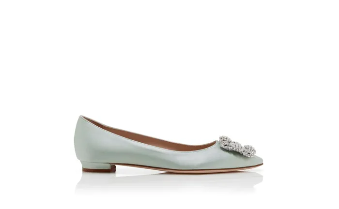 Women Flats Manolo Blahnik HANGISIFLAT Pale Green Satin Jewel Buckle Flat Shoes Women Flats Manolo Blahnik HANGISIFLAT Pale Green Satin Jewel Buckle Flat Shoes