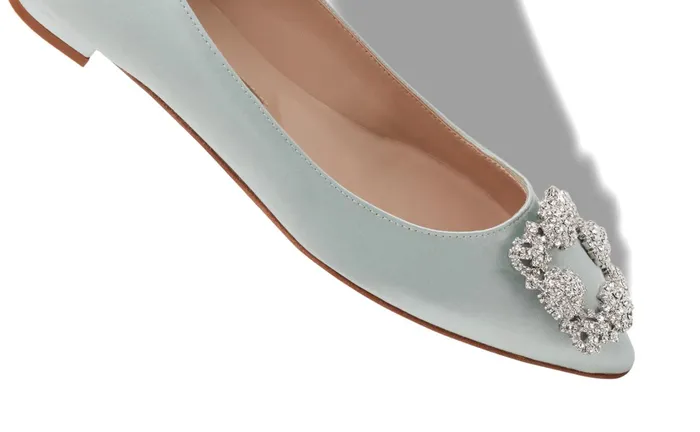 Women Flats Manolo Blahnik HANGISIFLAT Pale Green Satin Jewel Buckle Flat Shoes Women Flats Manolo Blahnik HANGISIFLAT Pale Green Satin Jewel Buckle Flat Shoes