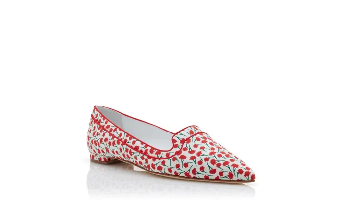 Women Flats Manolo Blahnik LETOFLAT Red Cotton Floral Pattern Pointed Toe Loafers Women Flats Manolo Blahnik LETOFLAT Red Cotton Floral Pattern Pointed Toe Loafers