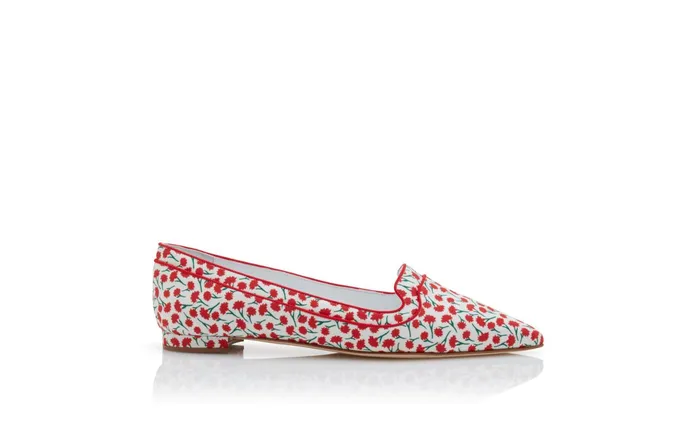 Women Flats Manolo Blahnik LETOFLAT Red Cotton Floral Pattern Pointed Toe Loafers